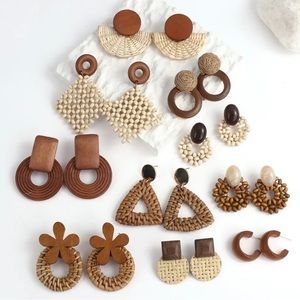 Rattan Weaved and Wooden Boho Earrings